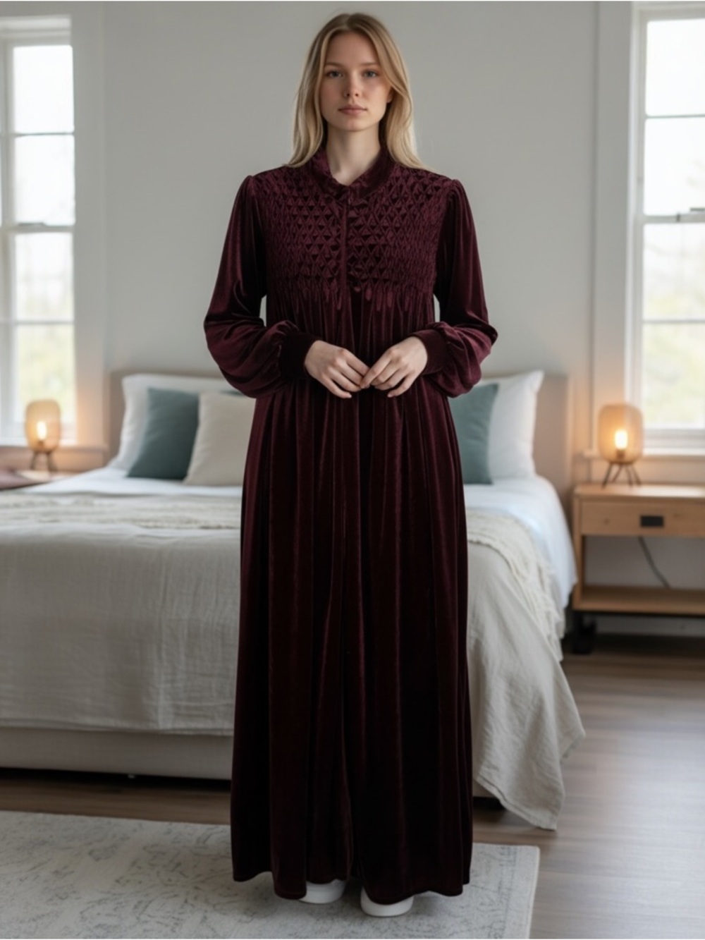 Vintage Burgundy Velour Long Robe Zip Dress House Coat Large Smock Yoke Pockets